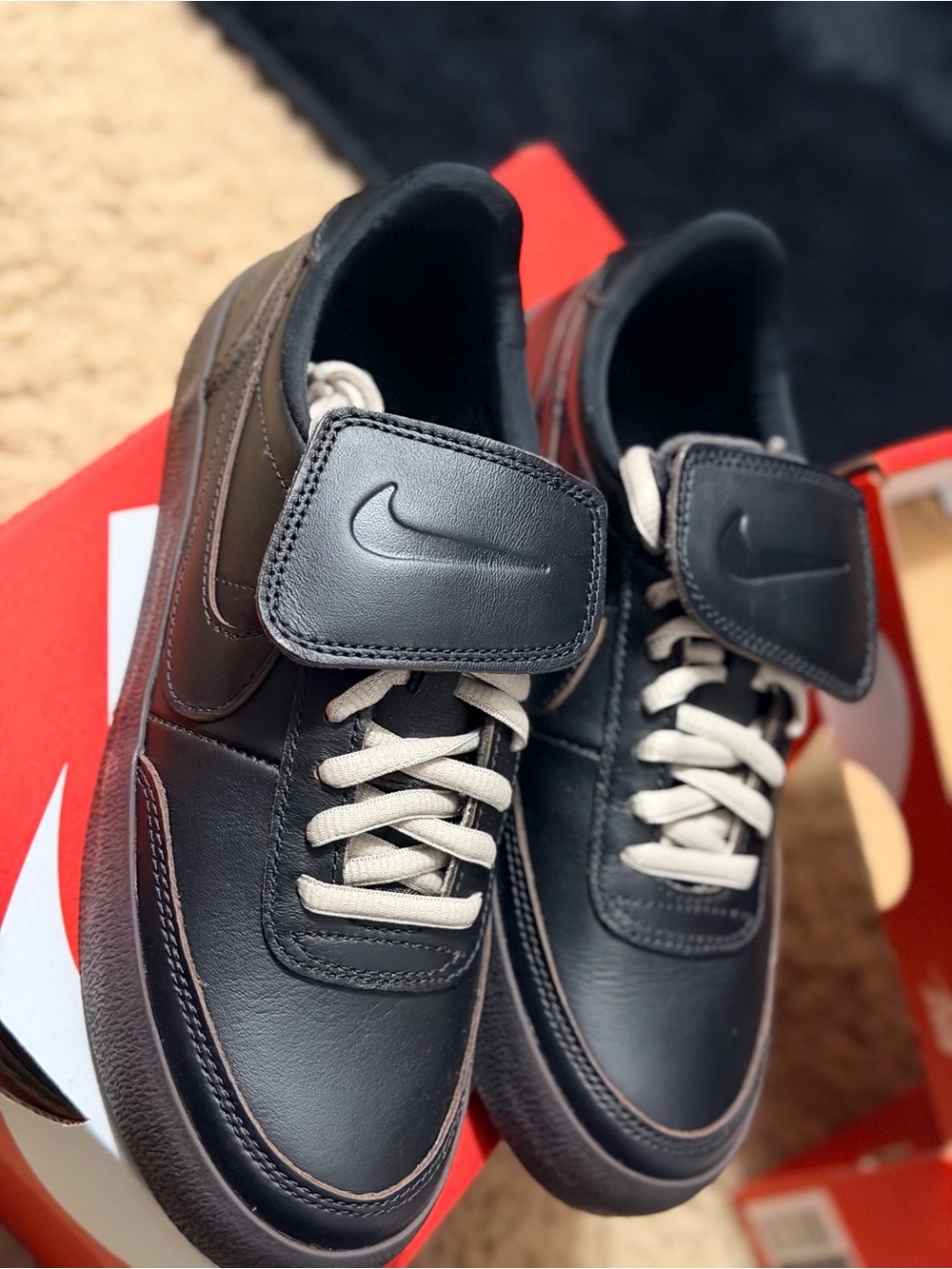 Nike Black Leather Men's Sneakers with Cream Laces and Strap Accent